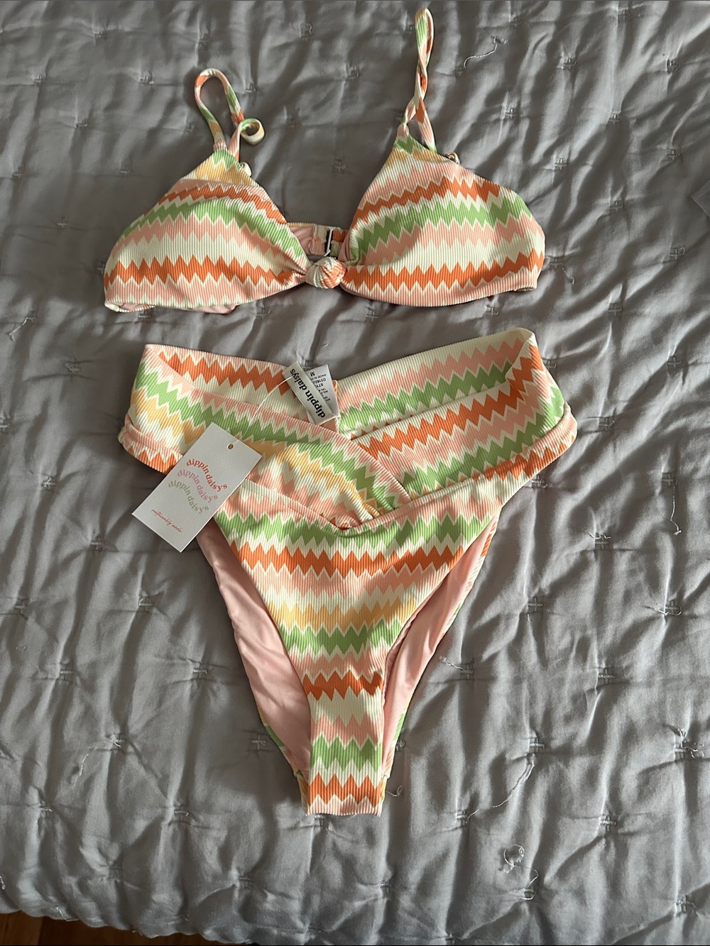 Dippin' Daisy's Zigzag Bikini in Peach, Green & White